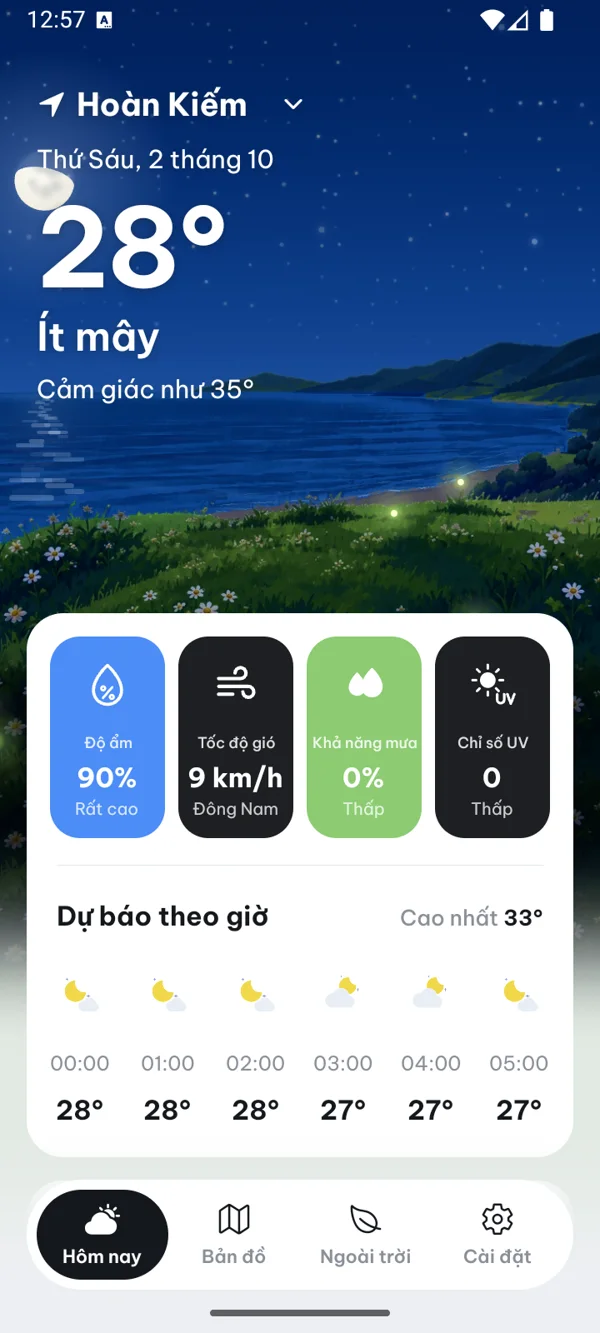 Trang Hôm nay của Clima với cảnh biển ban đêm, nhiệt độ và dự báo theo giờ